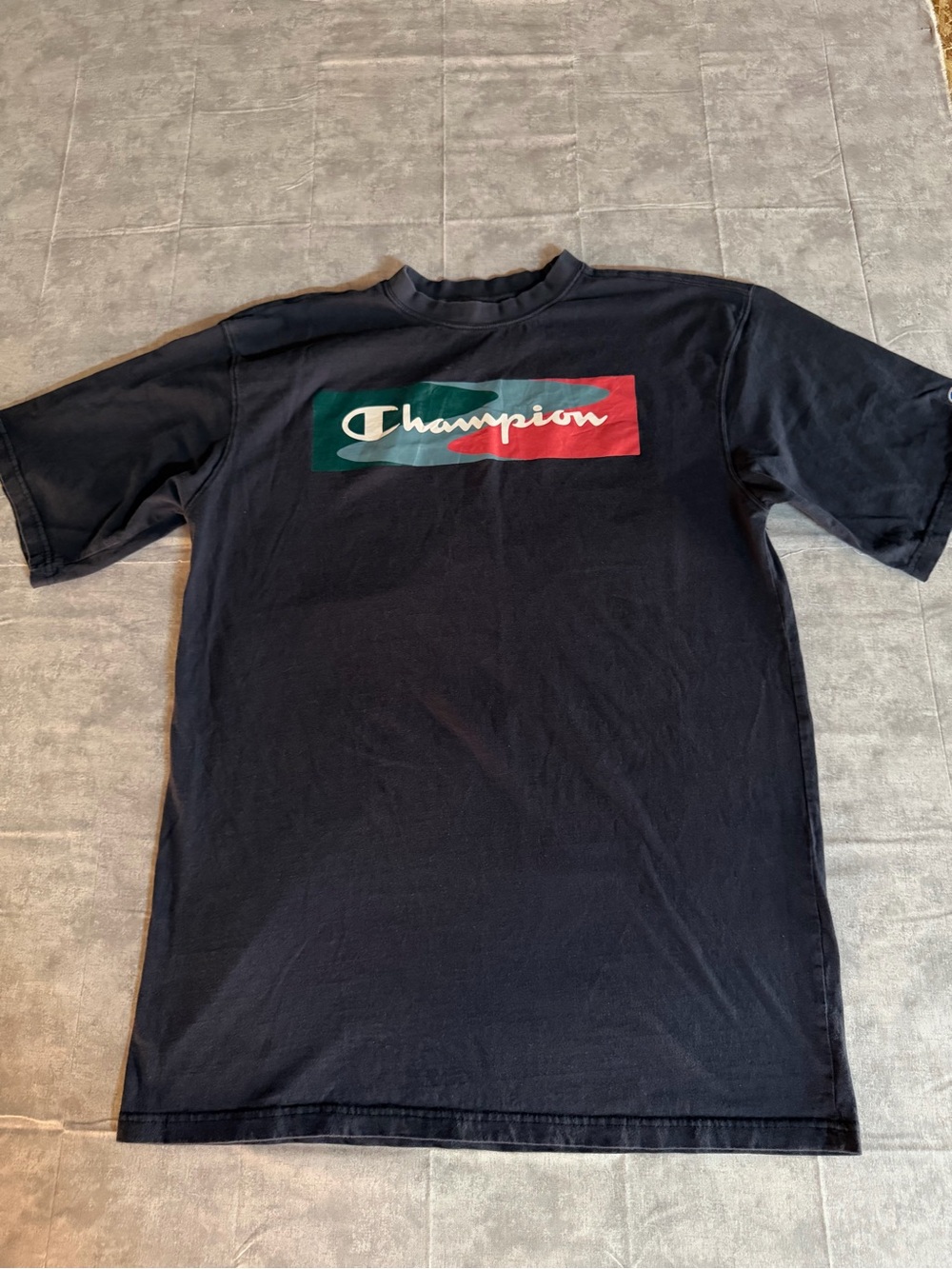 Vintage Champion Authentic Athletic Wear Men’s Navy Blue Tee Shirt Size LT Y2K